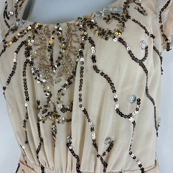 Shail K. Romper 2 Cream Brown Sequin Rhinestones Lined Short Sleeve Tie Waist - Picture 7 of 14